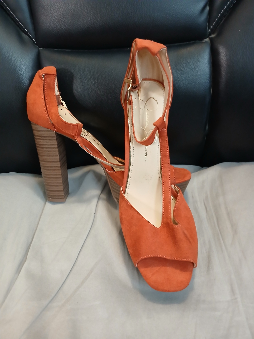 Jessica Simpson Faux Suede T-Strap 5" Platform Heels in Burnt Orange